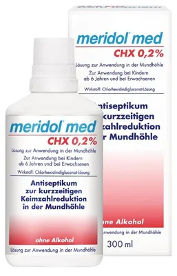 Zdjęcie produktu dla meridol med CHX 0,2% antybakteryjny płyn do płukania jamy ustnej z chlorheksydyną do zwalczania bakteryjnego zapalenia jamy ustnej o łagodnym smaku, roztwór 300 ml