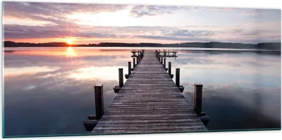 Produktbild von Bilder auf glas - Fußgängerbrücke See Sonnenuntergang Abend - 120x50cm - Glasbilder - Wandbilder - Kunstdruck - Wanddekoration aus Glas - Glas Bilder - Wandbild auf Glas - GAB120x50-2635