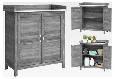 Produktbild von Gartenschrank mit Pflanztisch aus Holz, Geräteschuppen mit verzinkter Arbeitsplatte und 2 Regalböden, wetterfester Geräteschrank für Garten und Balkon 83 x 40 x 92 cm Grau