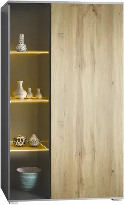 Produktbild von Vitrine Davos, Germany, Standvitrine mit 3 Glasböden und 8 Fächer inkl. LED, Anthrazit matt/Eiche Wotan (71,5 x 134 x 35 cm)