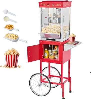 Popcornmaschine 800W mit Kessel & Wagen - Kommerzieller Popcornautomat, 48 Tassen pro Ladung - 2-Tasten-Bedienung, Glaswand & PC-Tür - inklusive 1 Portionierer & 3 Löffel - Rot