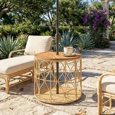 Produktbild von Beistelltisch Garten Rund Ø50 cm, Gartentisch wetterfest PE-Rattan Akazienholz, Outdoor Tisch Teak | 47,5 cm Höhe | 4,5 kg | Verstellbare Füße