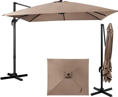 A patio umbrella is shown in multiple configurations: open, closed, and folded.