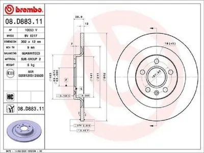 Produktbild von 2x BREMBO Bremsscheibe 08.D883.11 für VOLVO XC40 (536) 37mm 302mm