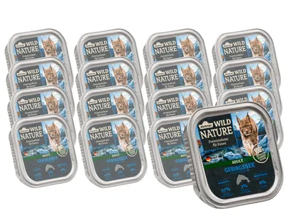 Produktbild von Dehner Wild Nature Katzenfutter Gebirgssee, Nassfutter getreidefrei / zuckerfrei, für ausgewachsene Katzen, Lachs / Forelle, 16 x 100 g Schale (1.6 kg)