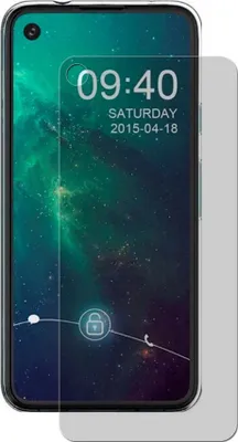 A smartphone screen protector is shown on a smartphone with a galaxy wallpaper.