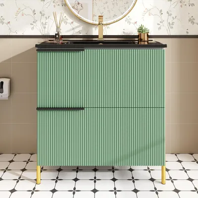 Produktbild von Merax Waschtischunterschrank, mit Schwarz Keramik-Waschbecken, 2 Schublade, Metallgriffe, Bodenstehender Badezimmerschrank, 81,5x47x90 cm, Grün