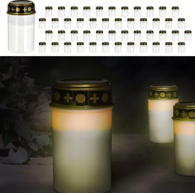 Produktbild von LED Grablicht 48er Set weiß 12cm Kerzenflackern batteriebetrieben Friedhofskerze Kerze Grablampe Grabkerze