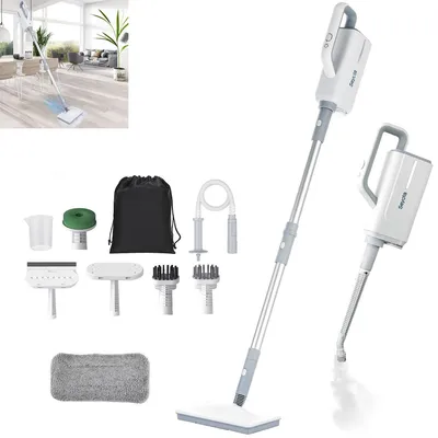 A collage of a steam cleaner and its accessories, with a lifestyle shot of the steam cleaner in use.