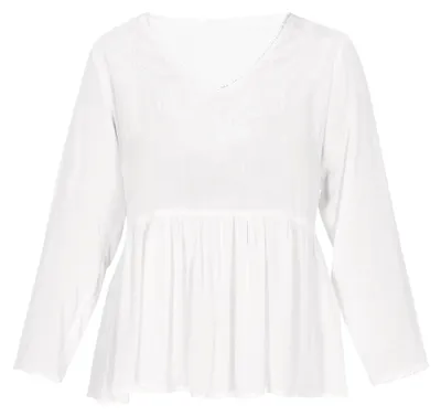 Produktbild von Damen Bluse Weiß Größe M mit spitzem Ausschnitt und Paisley-Stickerei