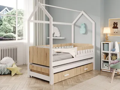 Obrázek produktu pro Dětská domečková postel s přistýlkou a matracemi 80x180 KALNIA - bílé / dub