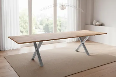 Produktbild von Esstisch Baumkante Akazie natur 200(300)x100 Ansteckplatten X-Gestell silber AVINO