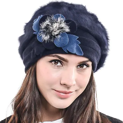 Zdjęcie produktu dla Damska czapka artystyczna, wełniana, typu baskenijska, z angory, model Beanie, zimowa, kolor: granatowy (BR022 M)