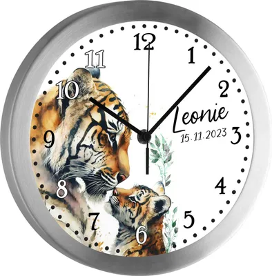 A clock with a tiger family illustration and personalized text.