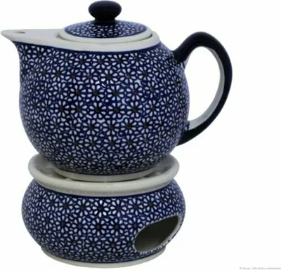 Produktbild von Original Bunzlauer Keramik 1 Liter Teekanne mit spitzen Ausguss Ø19,3 cm mit Stövchen Design 120