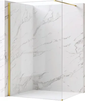 A shower enclosure with marble-patterned walls and a white base.