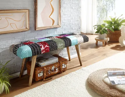 Produktbild von Massivholz-Bettbank - Patchwork-Design - Moderne Ecksitze - Gestofferte Stoffenbank für Esszimmer - Rückenlose Gangbank - Vielfarbig - 117x51x38 cm