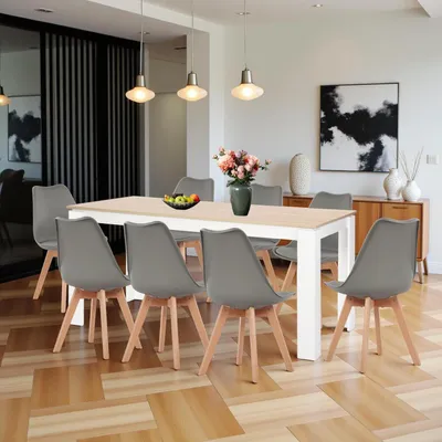 Image de Ensemble de salle à manger comprenant : 8 chaises, table rectangulaire de 160 cm, finition chêne et blanc, pieds gris