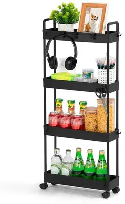 Productafbeelding van Ibenzoa® smalle opbergwagen van kunststof, 4 niveaus, 11 haken, 4 wielen (2 met rem) – 38,8 x 12,5 x 90,7 cm, geschikt voor keuken en badkamer