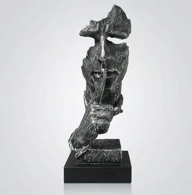 Obrázok produktu pre Unyqoos® Abstraktná živicová socha „Ticho je zlato“ – moderná dekoratívna socha vyrobená z živice a pieskovca, strieborná, 34 × 12,5 × 6,5 cm, dekorácia na stôl a poličku, vhodná do kancelárie aj do domácnosti