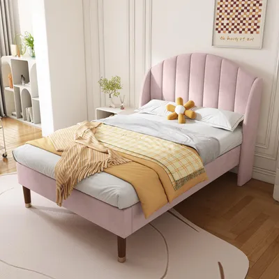 Zdjęcie produktu dla Łóżko tapicerowane, 90 x 200 cm, z tapicerowanym zagłówkiem, stelażem, idealne do pokoju dziecięcego i młodzieżowego, obicie z weluru, kolor różowy