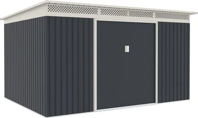 A dark gray garden shed with a white roof and trim, presented on a white background.