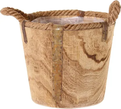 Produktbild von artplants.de Holz Übertopf DABIH mit Griffen aus Seil, braun, 22cm, Ø24cm - Deko Topf