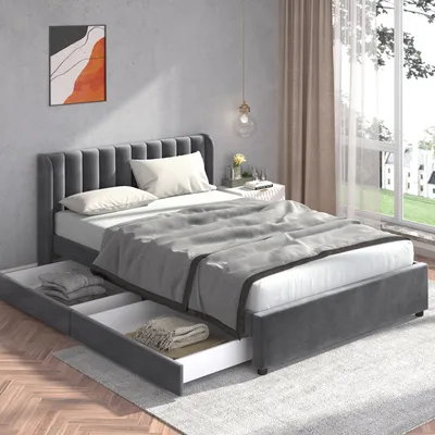 Produktbild von Polsterbett, Doppelbett mit Lattenrost und 2 Schubladen, 140x200 cm, gepolsterter Kopfteil mit seitlichen Ohren, Bezug aus Samt