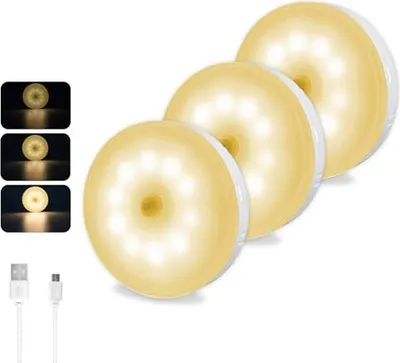 Produktbild von Akynit 0,5 W LED -Bewegungssensor dimmbar warmes Weiß 3000 K 10 LEDs USB wiederaufladbare Nachtlicht Magnetische Treppe Flur Schränke Pack 3