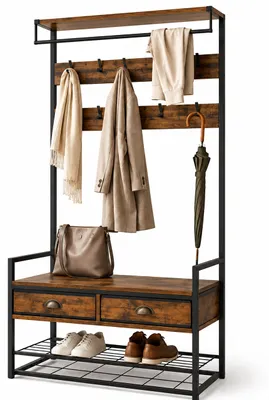 Obrázok produktu pre Relaxdays, stojan na oblečenie, polička na topánky, 2 zásuvky, tyč na vešanie, 10 háčikov, 2 odkladacie plochy, rozmer: 181 x 80 x 30 cm, farba: hnedá/čierna