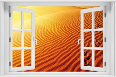 Produktbild von Wallario Wandbild mit Fenster-Illusion: Fußspuren im Sand - Sanddüne in der Wüste, Größe: 61 x 91,5 cm, Poster mit weißem Aluminiumrahmen