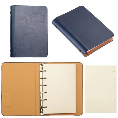 Immagine prodotto di Quaderno ad anelli ricaricabile, copertina rigida in ecopelle blu, con 56 fogli di carta per la ricarica