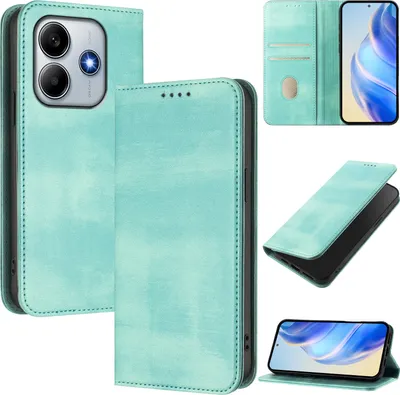 Produktbild von Handyhülle für Xiaomi Redmi Note 14 4G, Vintage Leder RFID Schutz Kartenfach Standfunktion Magnetische Klapphülle Türkis