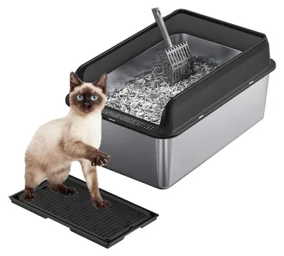Produktbild von Edelstahl-Katzentoilette mit Deckel, gro?e Katzentoilette, mit Siebschaufel und doppelter Katzentoilettenmatte