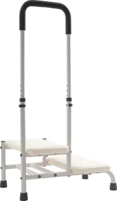 Obrázok produktu pre Sklopná stolička – 2 stupne – Nastaviteľná zábradlie 89–100 cm, 5 polôh – Protišmyková – Nosnosť 135 kg – Uhlíková oceľ – Biela