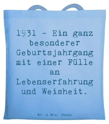 Produktbild von Mr. & Mrs. Panda Tote Bag Spruch 1931 Geburtstag - Sky Blue - Geschenk, Jutebeutel, dokumententasche, Weisheit, Laptoptasche, Shopping Tasche, Jahrgang, Happy Birthday