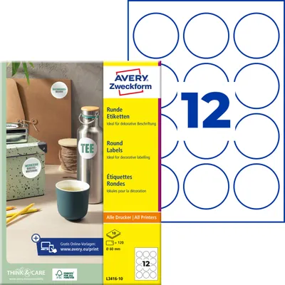 Produktbild von Avery Zweckform L3416-10, Runde Etiketten, A4, ? 60 mm, 120 Etiketten / 10 Bögen, weiß