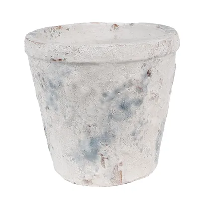 A close-up studio shot of a single, weathered terracotta pot with a distressed white and blue finish.