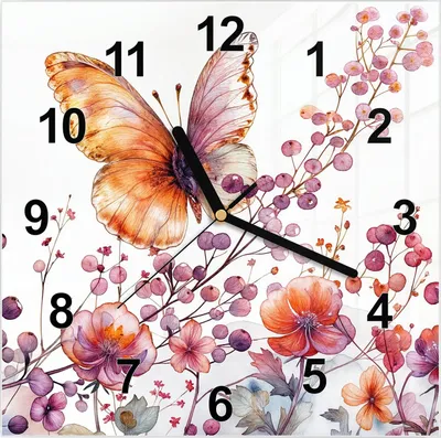 Produktbild von Wanduhr aus Glas mit Motiv Blumen und Schmetterlinge- 30 x 30 cm - inkl. Aufhängesystem