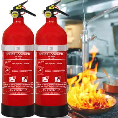 Produktbild von 2er-Set 2L Schaumfeuerlöscher Fluorfrei, Brandklasse A/F, Feuerlöscher mit Manometer & Wandhalterung, 5A 5F, Fettbrandlöscher