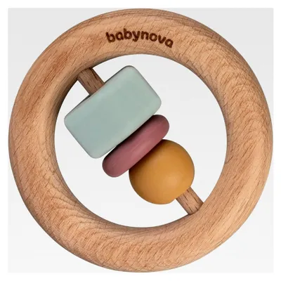 Produktbild von Babynova Holz Motorik Beißring - Montessori Holzspielzeug für Zahnen, Spielen und Lernen ab 0 Monaten - Frühe Entwicklung der Motorik - BPA-frei