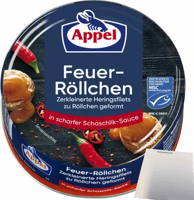 Produktbild von Appel Feuer Röllchen Zerkleinerte Heringsfilets zu Röllchen geformt in scharfer Schaschlik-Sauce (200g Dose) + usy Block