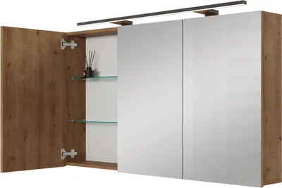 Produktbild von Planetmöbel ARIA Spiegelschrank für das Bad 120 cm mit Beleuchtung und Steckdose Gold Eiche