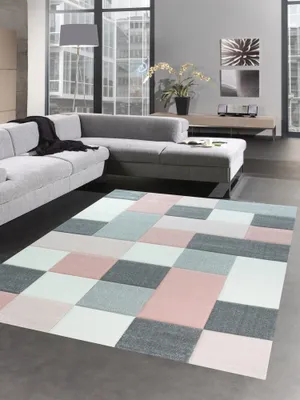 Produktbild von Moderner Teppich Wohnzimmerteppich Kurzflor Karo pastell rosa creme grau Größe - 120 cm Rund