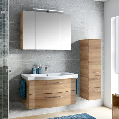 Produktbild von Bad Kombination mit Spiegelschrank, LED Beleuchtung und 97cm Waschbecken in Riviera Eiche quer Nb. SOLINGEN-66, B/H/T ca. 143/200/51,5 cm