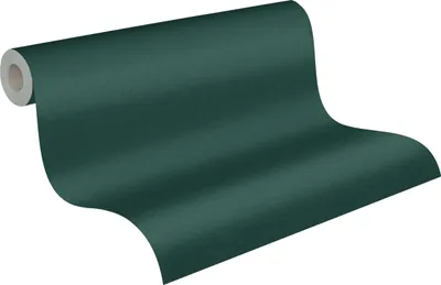 A roll of dark green wallpaper is shown against a white background, with the paper unrolling diagonally.