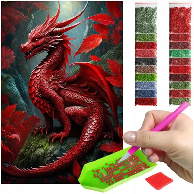Zdjęcie produktu dla Haft diamentowy ARTULIO - Czerwony smok na tle kwiatów - 60 x 40 cm - Diamond painting, Kompletny zestaw: mozaika + akcesoria