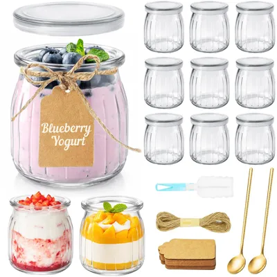 12er-Set Joghurtgläser 200 ml mit Deckel, Glas, transparent