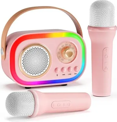 Produktbild von Upgrade Karaoke Machine 2 Mikrofone Kinder Erwachsene, Mikrofon 5 LEDs 12 Sprachffekte, Geburtstagsgeschenk, Weihnachtsspielzeugmädchen 3-18 Jahre