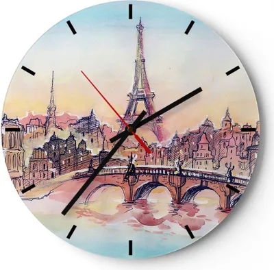 Produktbild von Wanduhr - Rund - Glasuhr - Brücke Eiffle Illustration Frankreich - 30x30cm - Schleichendes Uhrwerk - Lautlos - zum Aufhängen bereit - Dekoration Modern - Wanddekoration aus Glas - C3AR30x30-2999